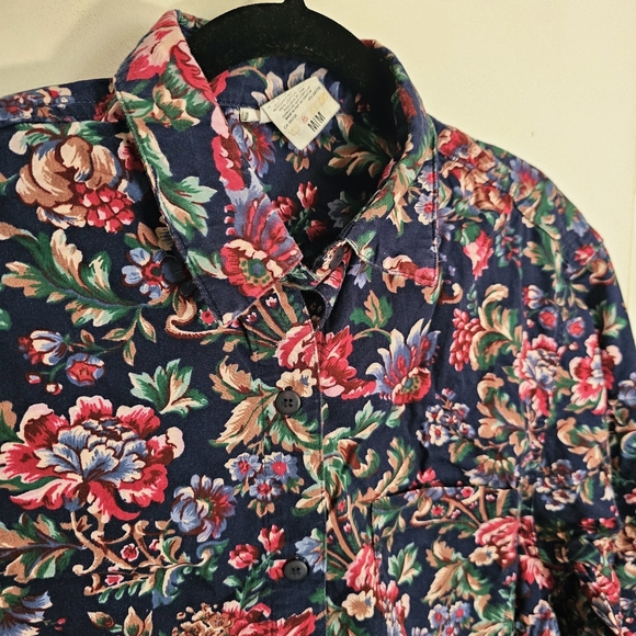 Vintage Tops - Vintage 90s Y2K Botanical Floral Navy Blue Womens 100% Cotton Button Up Shirt